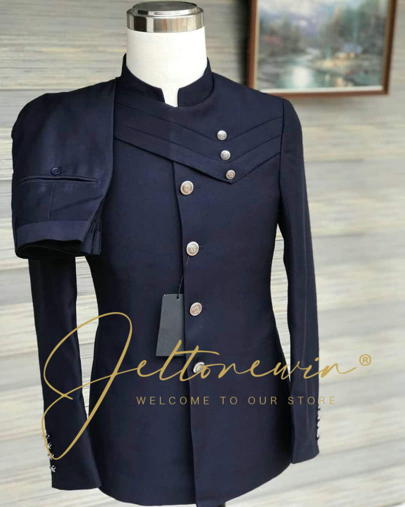 Men's Navy Blue Suit Set with  - огляд і ціна Men Formal Wear Blue